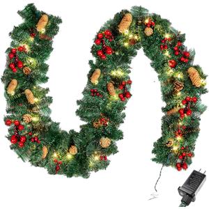 Joiedomi 9FT Christmas Garland Prelit with 50 Count String Lights, Bristle, Pine Cones, Holly Berries for Outdoor & Indoor Winter Christmas and Holidays Decorations, Plug in Lighted Pine Garland, Holly Berries Garland