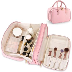 Travel Makeup Bag for Women Fashion Large Capacity Pouch Open Flat Cosmetic Portable Organizer Waterproof Large Opening Storage Toiletry Bags Vertical Free-Standing Brush Holder for Easy Access Pink