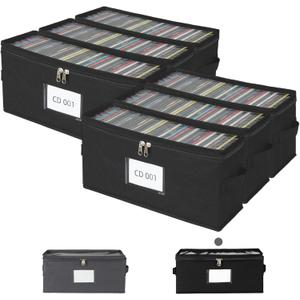 6 Pack Fabric CD Storage Box with Clear PVC Lid, Holds 35 Standard CD Cases, Zipper Closure for Dust Protection, Portable CD Organizer for Music Collection, Black