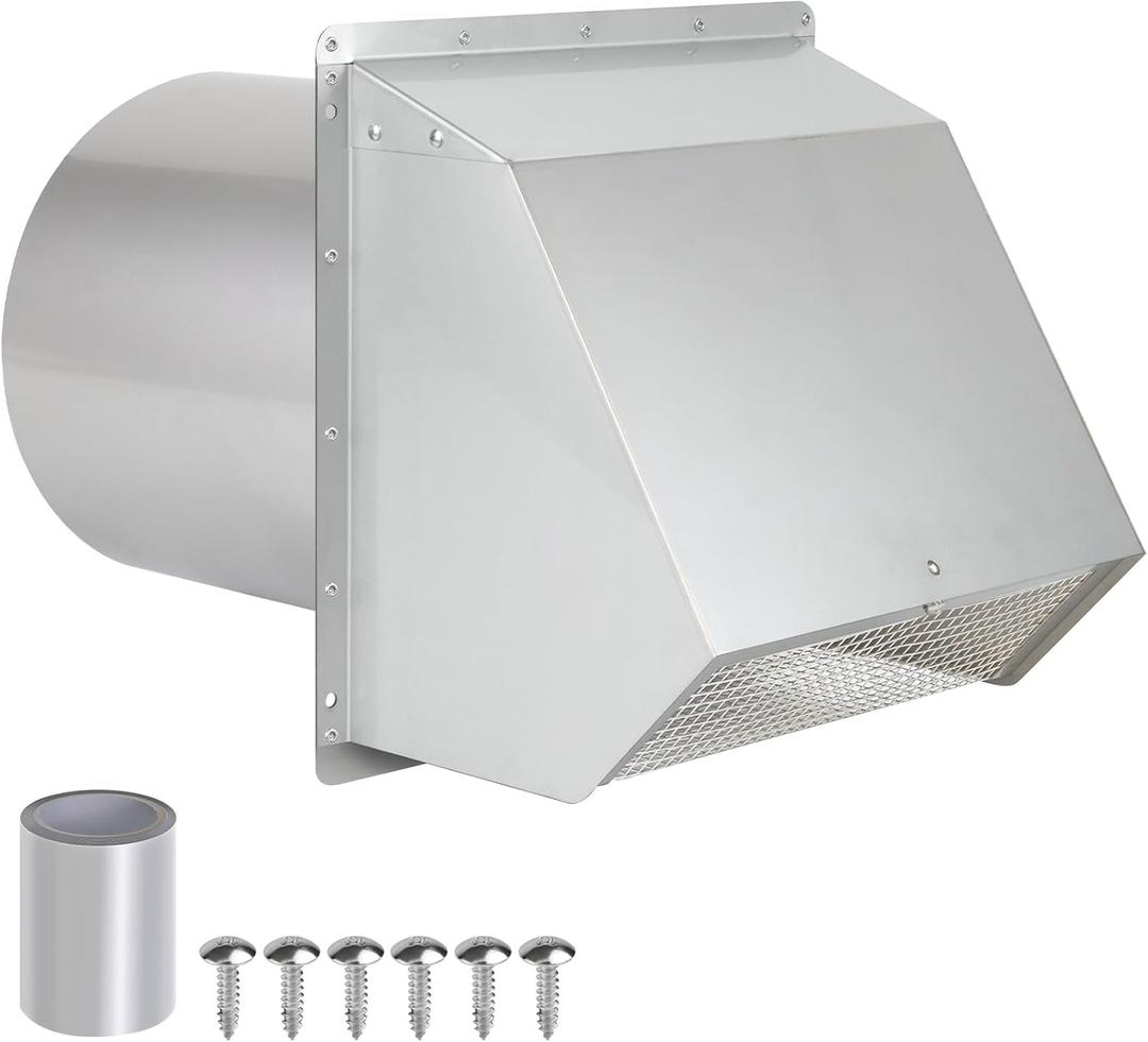 6 Inch Wall Vent Cover,Exterior Wall Vent Hood with Screen and Damper Exhaust Dryer Vent Cover Outside,External Extractor Wall Exhaust Vent Cap for Range Hood Kitchen Outdoor Air Vent,Stainless Steel
