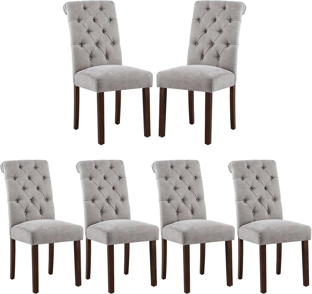 COLAMY Button Tufted Dining Chairs Set of 6, Parsons Upholstered Fabric Dining Room Chairs Kitchen Chairs with Wood Legs and Padded Seat, Light Grey
