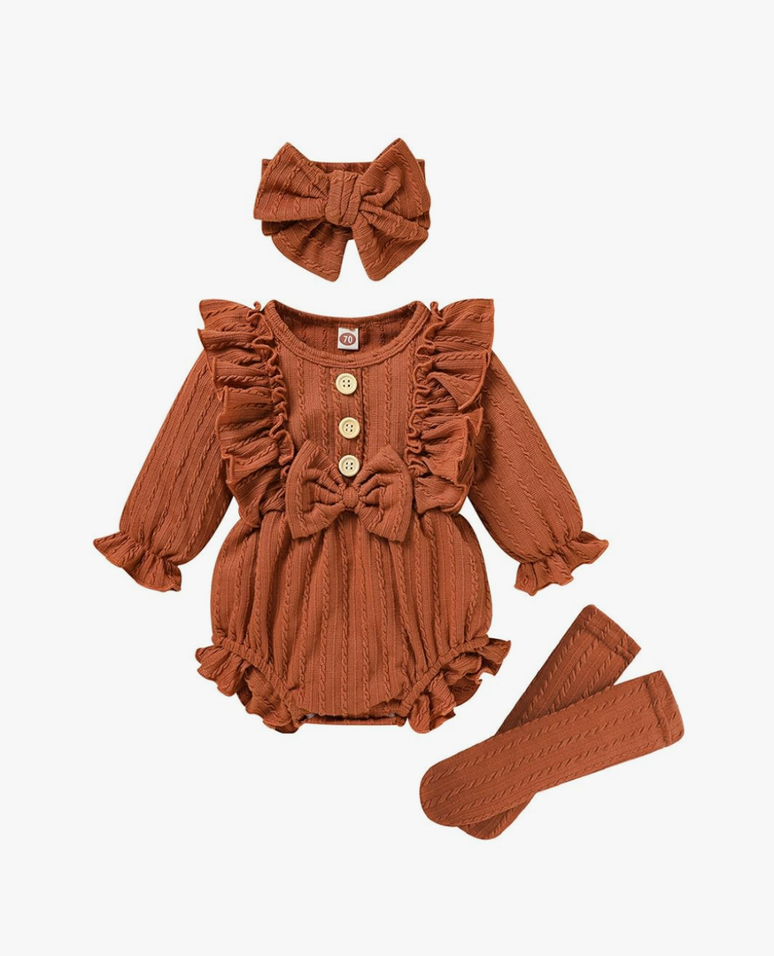 GRNSHTS Newborn Baby Girl Clothes Ruffle Solid Sweater Long Sleeve Romper+Hairband+Socks 3Pcs Fall Winter Outfits Size 70