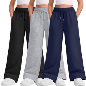 3 Packs Teen Girls Sweatpants Wide Leg Drawstring Baggy Pants Straight Leg Athletic Trousers with Pockets Size 5-14 (9-10 Years, Navy Blue, Light Heather Gray, Black)