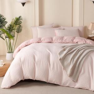 Duvet Cover Set Queen Striped Pink, 100% Washed Microfiber Jacquard 3 Pieces Queen Striped Bedding Sets, with Zipper Closure & Corner Ties, Lightweight Soft Comfort Breathable (No Comforter) (Queen(90"x90"))