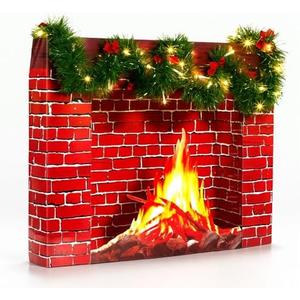Feifeiya 24.4 x 19.7 Inch Christmas Fireplace Decoration Set Included 3D Red Brick Stand-Up- Fake Cardboard Fireplace, 9.8ft Green Garland, LED String Light, Red Bows for Christmas Decor