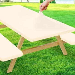 Moosfor Picnic Table Cover with Bench Covers, Elastic Fitted Spandex Tablecloths for 6 Foot Rectangle Tables, Stretch Washable Patio Tablecloth for Outdoor, Camping (Beige, 30"x72")