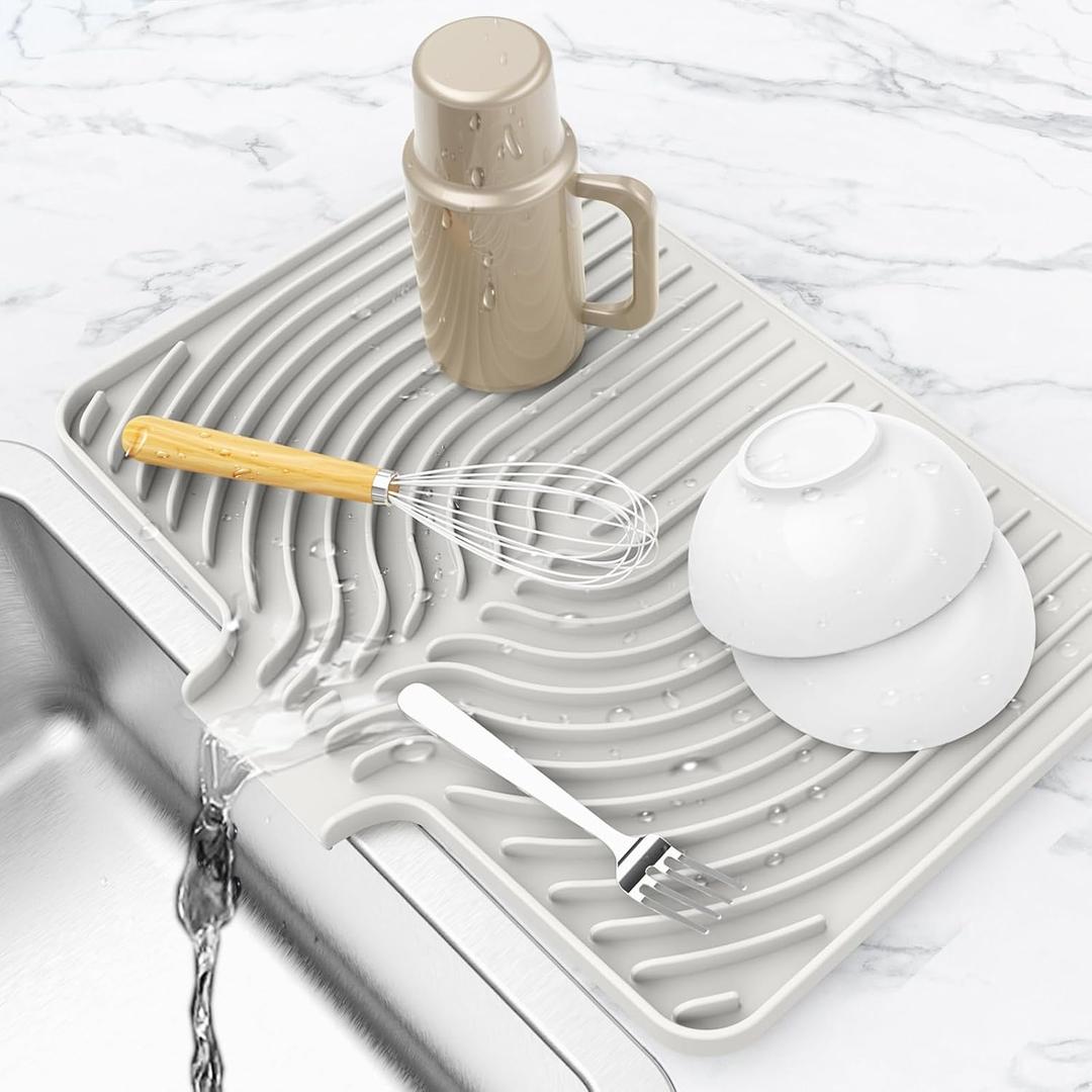 Dish Drying Matt for Kitchen Counter,18"12"Silicone Dry Rack Mat with Built in Drain, Kitchen Dry Mats for Dishes Drying Pad for Counter (White)