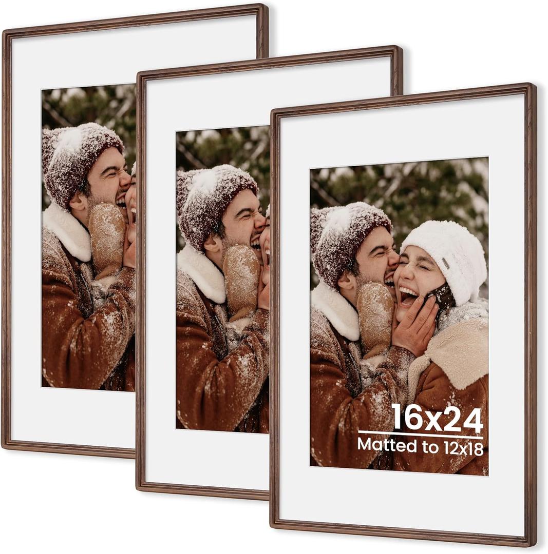 Axeman 16x24 Natural Solid Oak Wood Picture Frame with 12x18 Mat, Premium Rustic Wooden Photo Frames with Tempered Glass, Poster Photo Frame for Gallery Wall Hanging, Walnut, 3 Packs