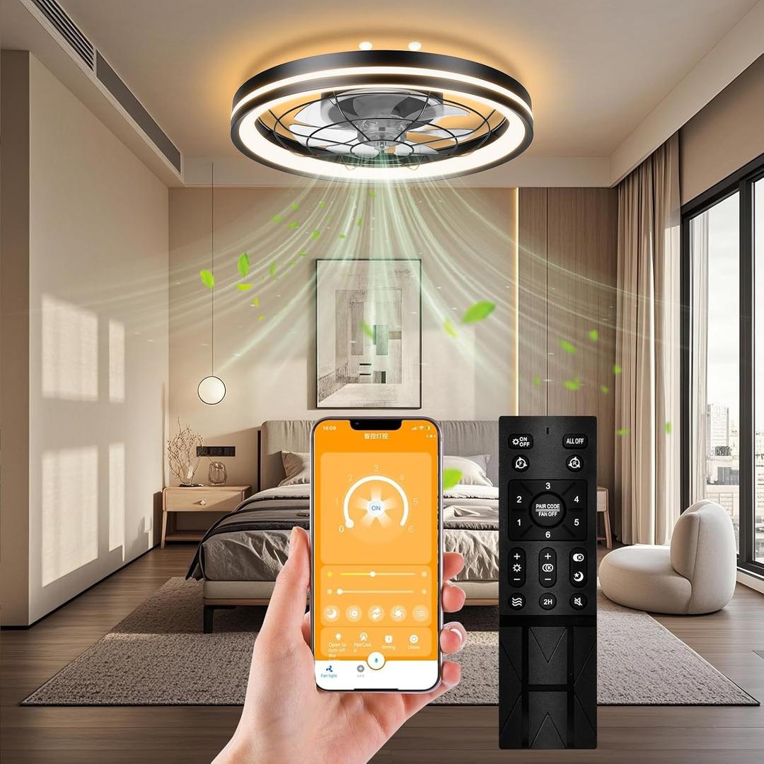 Low Profile Ceiling Fan with Light and Remote Bladeless Bedroom Ceiling Fan with Light, 20in Small Flush Mount Ceiling Fan Dimmable Modern Enclosed Ceiling Fans for Small Room - Black