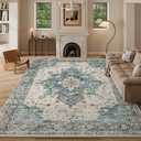 8x10 Blue Washable Area Rug for Living Room, Dining Room, Bedroom, Large Carpets, Non Slip & Non-Shedding Low Pile Vintage Print Rug for Home Office Decor