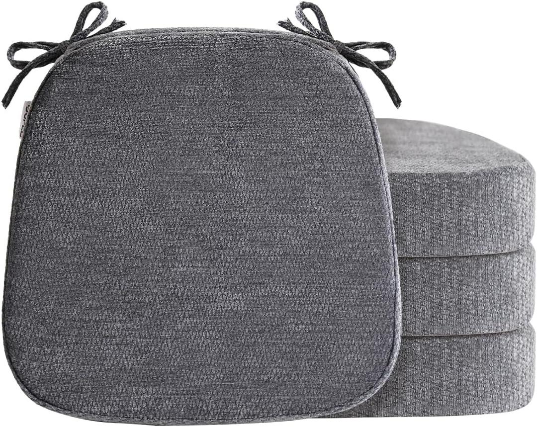 D-Shaped Chair Cushions for Dining Chairs, 2.5 Thick Chair Pads with Washable Comfortable Textured Cover, Non Slip Kitchen Chair Cushions with Ties, 16.5" x 16.5", 4 Pack, Dark Grey