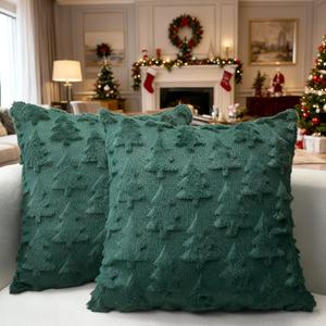 Booque Valley Christmas Tree Pillow Covers Set of 2 Soft Plush Faux Fur Wool Decorative Throw Pillow Pillowcases for Farmhouse Holiday Winter Home Decor, 18 x 18 inch, Green