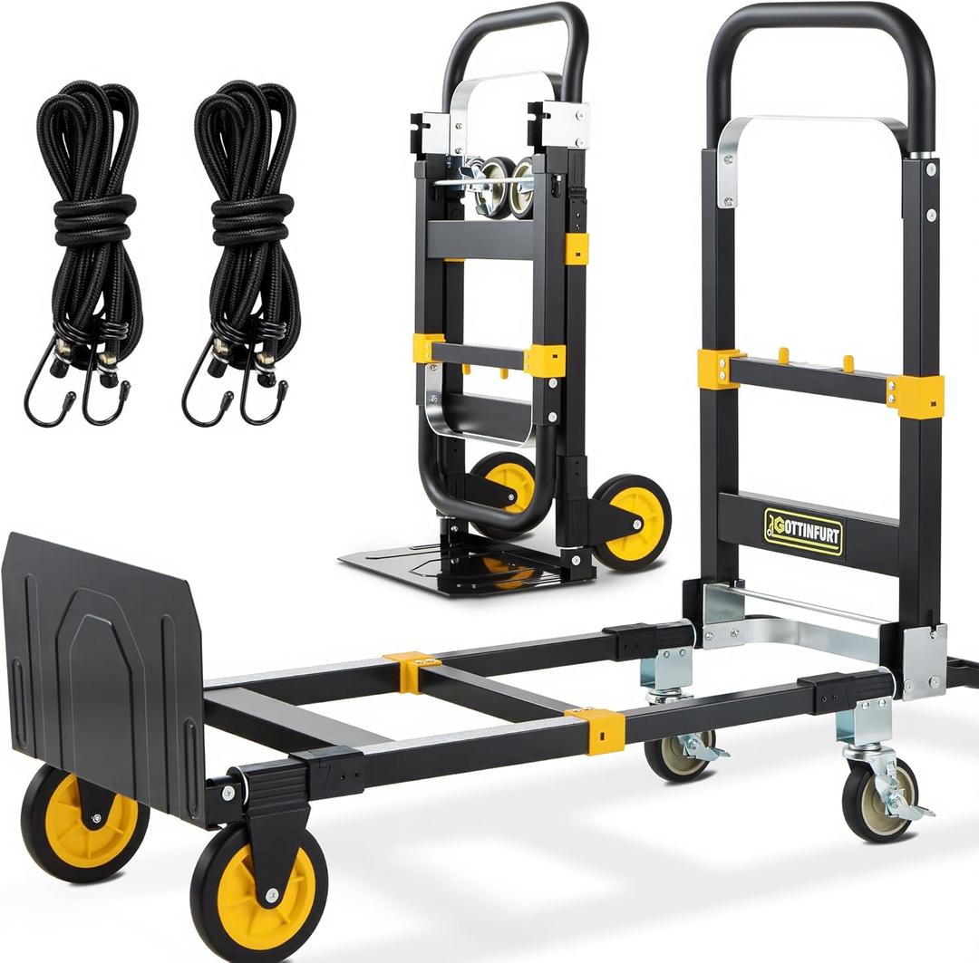 New 3-in-1 Convertible Hand Truck Dolly 500lb, Folding Hand Dolly Heavy Duty with Rubber Brake-Wheels, Anti-Slip Strip and 2 Elastic Ropes