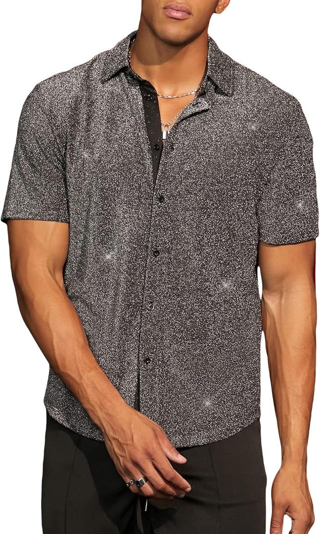Verdusa Men's Glitter Button Down Shirt Short Sleeve Tops (Large)