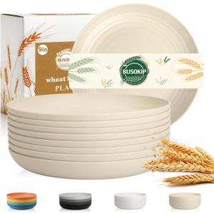 Kitchen Plates Set for 8, Wheat Straw Plate 9 Inch, Unbreakable Party Plates for Salad, Fruit, Bread, Microwave and Dishwasher Safe Round Plate for School, Camping, Kitchen - Beige