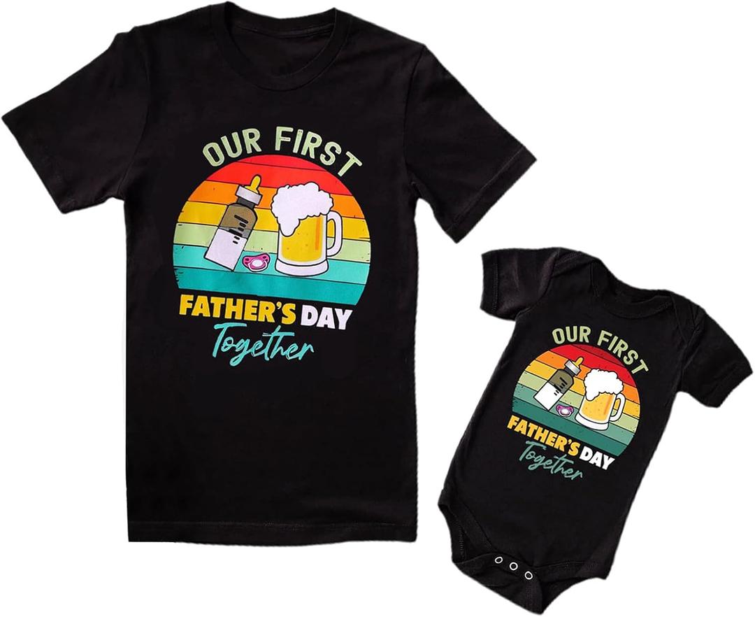 Xumplo First Fathers Day Shirt for Daddy and Me Matching Outfits Mens T-Shirt Baby Rompers 100% Cotton Pack of 2 (XL）
