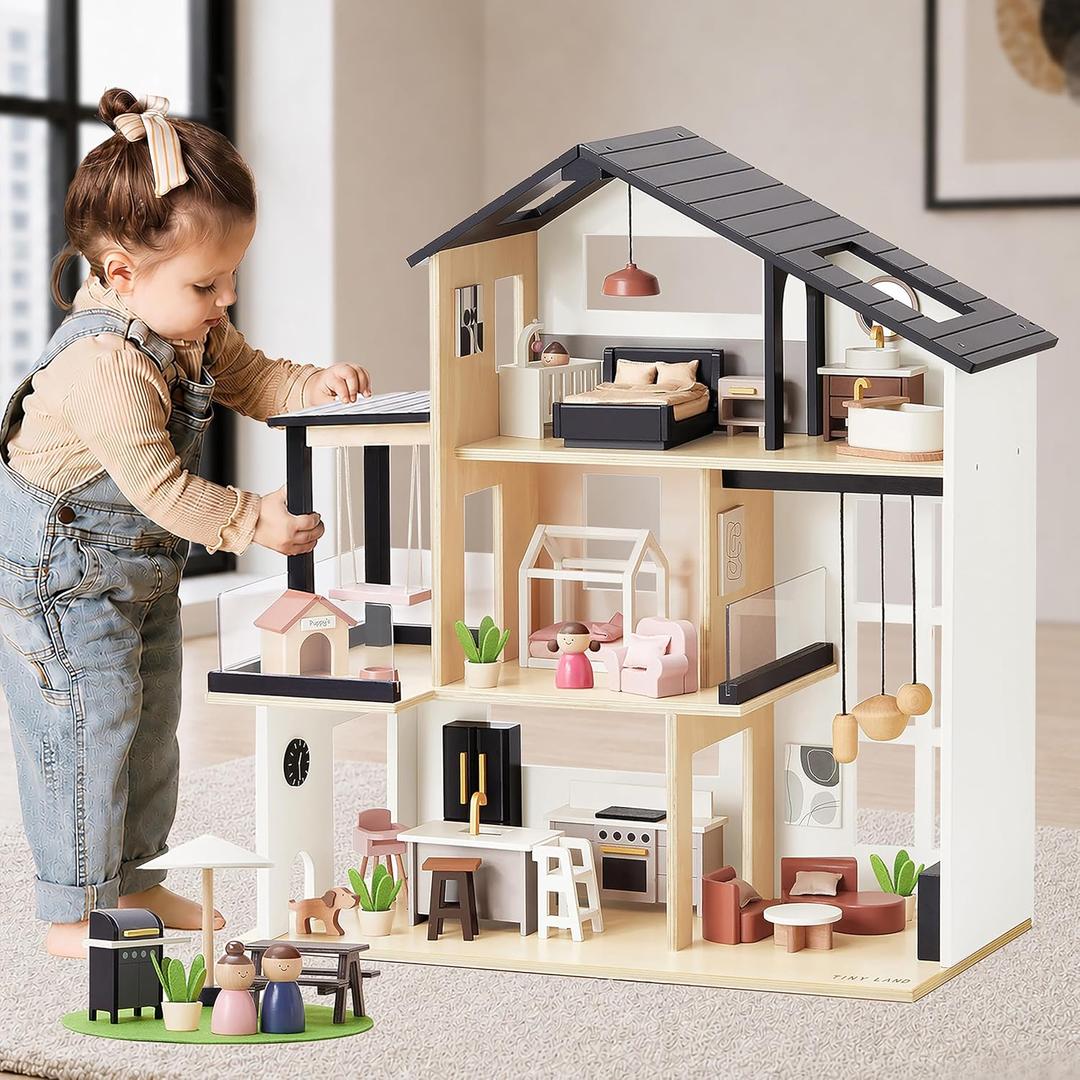 Tiny Land Wooden Doll House, Modern Family Dollhouse with Realistic Design, One Size