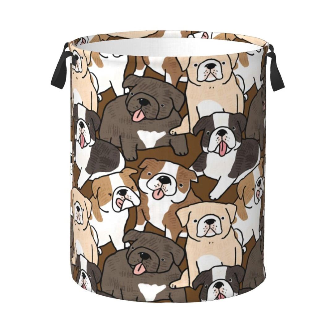 Jbofyee Cute Dogs Laundry Hamper Bag With Waterproof Liner - Cartoon Bulldog Puppy Round Laundry Basket Foldable Clothes Storage Organizer For Bathroom Bedroom Nursery Dorm, M-19.6"X 15.7"