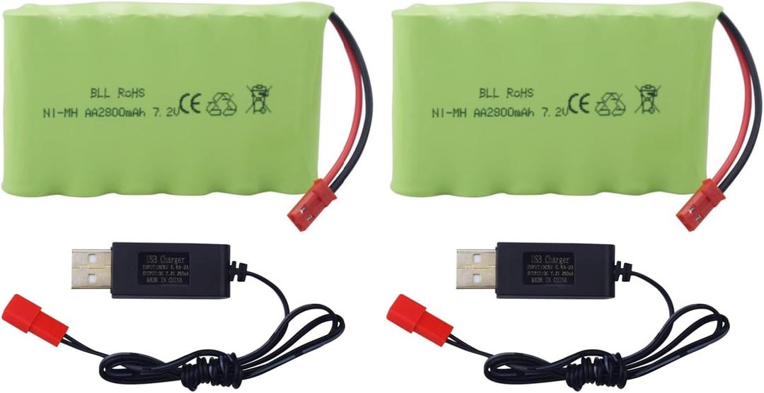 2PCS 7.2V 2800mAh AA Ni-MH JST-2P Rechargeable Battery with 2PCS USB Charger for TR-211 TR-212 TR-215 550 RC Excavator Car Truck Engineering Vehicle TR-211 RC Toy