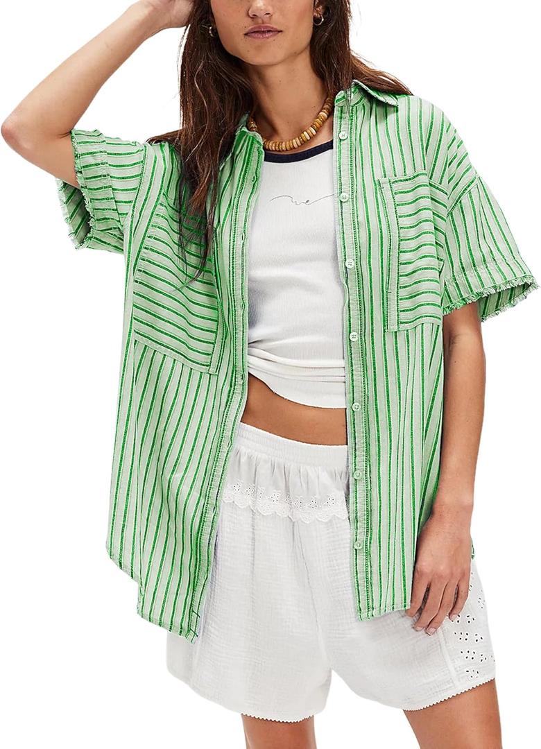 Womens Striped Button Down Shirts Casual Collared Short Sleeve Blouses Tops (Green, L)