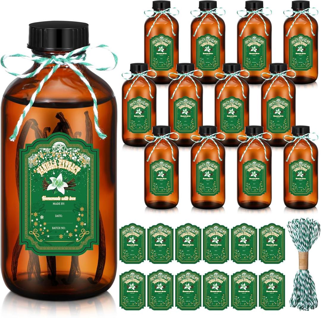 Uiifan 12 Pack Amber Glass Bottles Boston Round Sample Bottles Glass jars with Lids Dark Vanilla Extract and 12 Pcs Christmas Green Snowflakes Stickers for Gift Beans(8 oz)