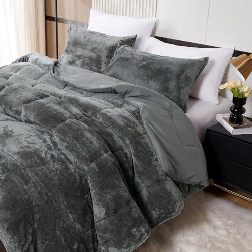 YIYEA Faux Fur Queen Size Comforter Set, Luxury Ultra Soft Fluffy Comforter, Plush Fuzzy Bedding Comforter Sets for Fall Winter, Cozy Warmth, No Shedding, 3PC, Queen, Dark Grey