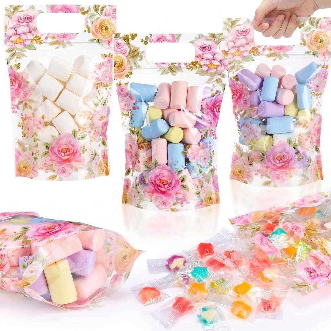Blosssound 50 Pcs Floral Plastic Bags Clear Flower Spa Party Bags Pink Flower Baby in Bloom Favor Pouch with Handles for Pink Tea Party Birthday Baby Shower Candy Gift Wrapping Supplies Decor (Floral)