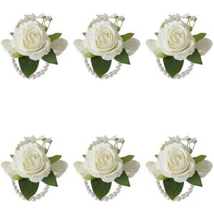 Meldel 4 Pcs Ivory White Rose Wrist Corsage for Wedding, Bride Bridesmaids Corsages, Pearls Bracelet Wrist Flower for Prom Homecoming Party, Wrist Corsage for Mother of Bride and Groom Wedding Decor