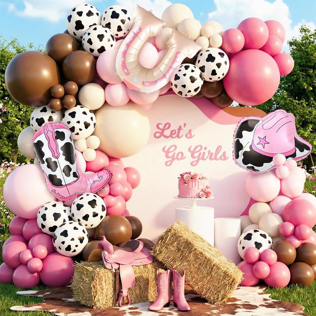 Cowgirl Balloon Garland Arch Kit with Dusty Pink Maca Pink Brown Sand White Balloons with Cow Print Balloons for Cowgirl My First Rodeo Baby Shower Birthday Western Theme Party Decoration