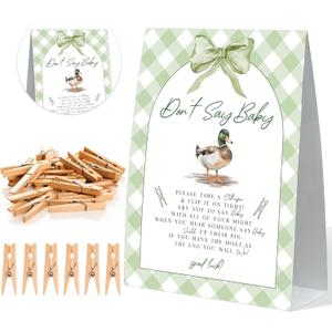 Don't Say Baby Shower Game, Baby Shower Clothes Pin Game, Mallard Duck Green Bow Sign and 50 Clothespins, Duck Hunting Gender Reveal Activities, Fun Gender Reveal Games Decoration Party Supplies, 20