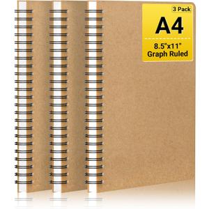 EUSOAR Graph Notebook Spiral, A4 3Packs 8.5"x11" 120 Pages Graphing Notebook, Hardcover Spiral Grid Graph Paper Notebook Composition for Math Science Engineering Artist Drawing-Kraft