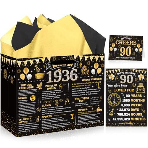 EoBeCy 90th Birthday Gift Bags for Men Women, Vintage Back in 1936 Gift Bag with Tissue Paper, Poster and Greeting Card, Black Gold Wrapping Paper for 90 Year Old Birthday Party Favors Supplies