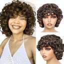 Human Hair Wigs for Black Women Highlight Short Curly Bob Wig Human Hair Fringe Wig Human Hair Glueless Wig with Bangs Short Pixie Cut Curly Wig Fluffy Wave Wig Brown Mixed Honey Blond (P4/27, 10Inch)