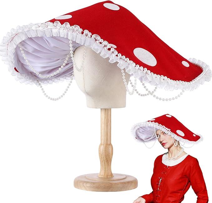 Mushroom Hat Renaissance Medieval Costume Cosplay Halloween Victorian Fairy Accessories with Bead Lace Brim Cap