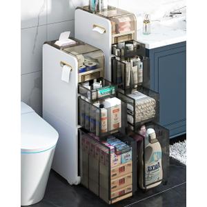 3-Tiers Narrow Storage Cabinet,Sleek Free Standing Toilet Paper Holder,Small Bathroom Floor Cabinet,Slim Plastic Drawer Storage,Multifunctional Organizer,White,6.9''x16.1''x30.8''Lozovin-SNG)