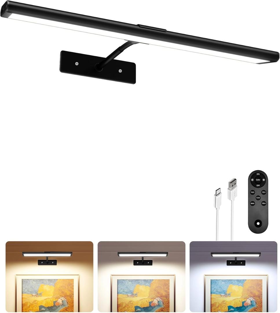 EZVALO Picture Light for Wall, 13'' Black Rechargeable 4800mAh Battery Lights Wireless Remote, Dimmable Magnetic LED Art Painting Light with 3 Color Temperatures, Display for Gallery, Living Room