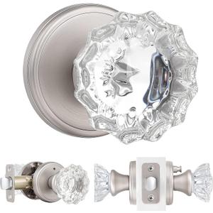 Privacy Glass Door Knobs Interior,Clear Crystal Door Knobs with Lock for Bedroom/BathroomSatin Nickel, 1 Pack