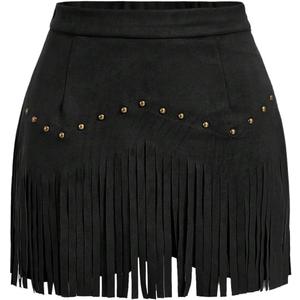 SweatyRocks Women's Suede Fringe Sexy Cowgirl Skirts Country Concert Outfit Western High Waisted Skirt (Large, Black)