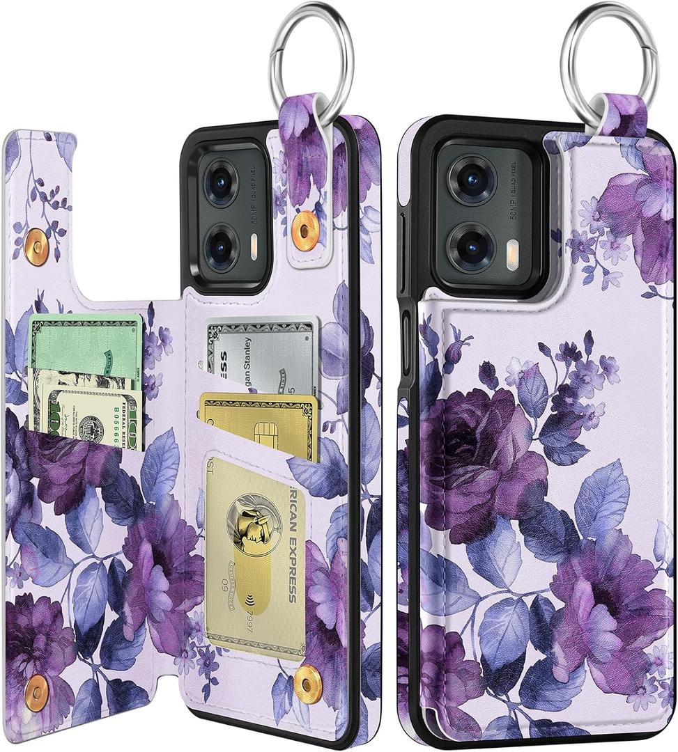 Shorogyt for Moto G 5G 2024 Wallet Case with Card Holder - Designer Purple Flower Pattern Kickstand Magnetic Clasp Back Flip Folio Leather Phone Cases for Women Men Girls for Moto G 5G 2024