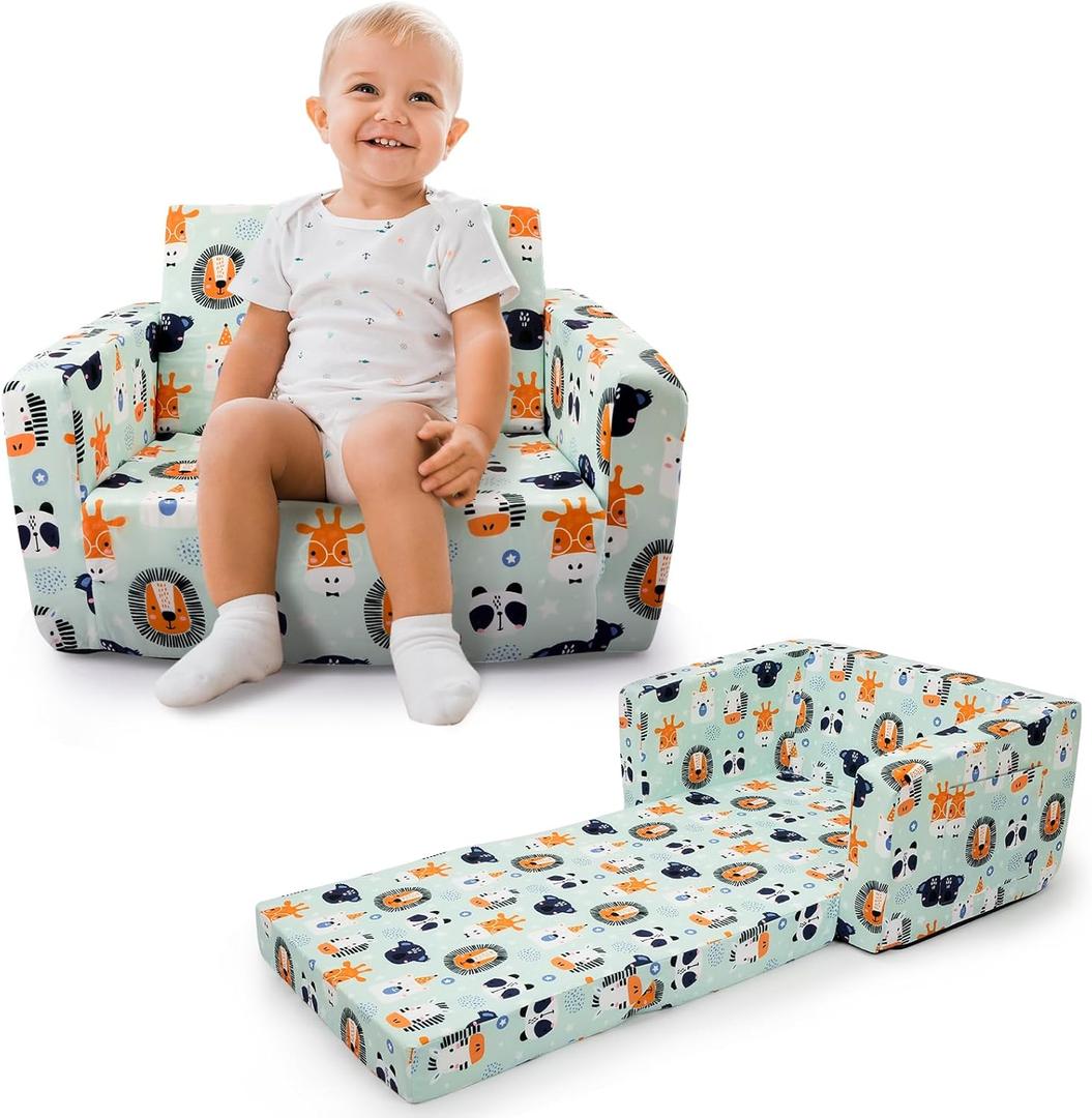 Kids Sofa, Comfy 2-in-1 Toddler Couch Fold Out, Convertible Sofa to Toddler Lounge Chair for Boys and Girls (Animal, Green)