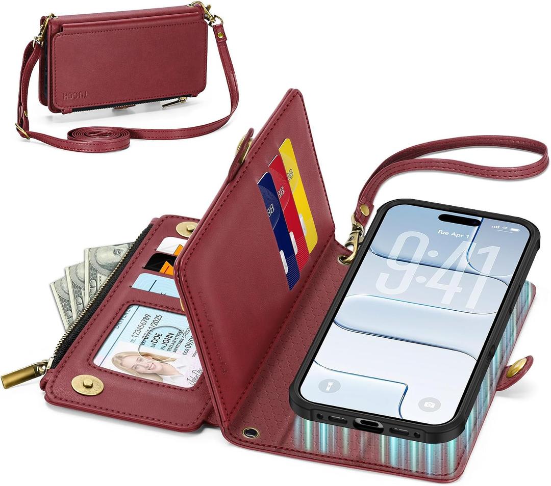 TUCCH Detachable Crossbody Case Wallet for iPhone Air 6.5", Wireless Charging | RFID Blocking 9 Card Holders | Lanyard | Wrist Strap | Stand | Zipper Pocket | PU Leather | Magnetic Cover | Dark Red
