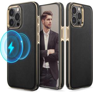 LOHASIC for iPhone 15 ProMax Case, Compatible with Magsafe Premium Leather with Microfiber Lining Business Classic Cover Soft Grip Shockproof Magnetic Cases 2023 New 6.7 inch - Black Gold