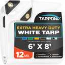 6' x 8' Extra Heavy-Duty White Poly Tarp  12 Mil Thick, Waterproof, UV-Resistant Polyethylene with Reinforced Edges, Double-Stitched Hems, and Rustproof Grommets