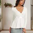 Women’s Long Sleeve Wrap V Neck Babydoll Top, Flowy Hem Fall Fashion Tunic Tops White (White, L)