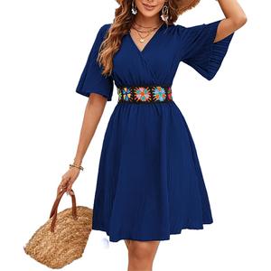 LightlyKiss Women's Blue V-Neck Short Bell Sleeve A-Line Cocktail Dress with Embroidered Belt Summer Beach Party Wedding Guest Evening Dress (Blue, XL)
