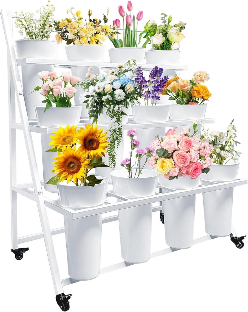 Flower Display Stand with 12 Buckets, Flower Cart 3 Layers, Flower Stand Metal with Wheels, Moving Florist Bouquet Shelf, Triangular Rack, White 