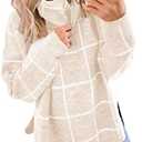 ECOWISH Women Fall Pullover Sweater Turtleneck Plaid Long Sleeve Loose Casual Chunky Checked Knit Winter Sweaters Jumper Tops, Beige, M