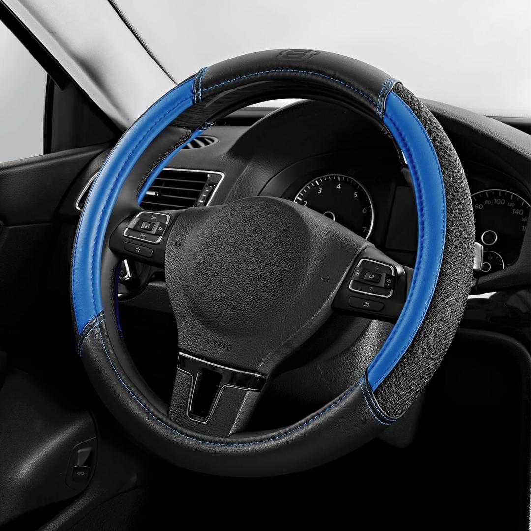 Skechers Air-Cooled Steering Wheel Cover, Air Cool Mesh Leather Car Steering Wheel Cover Universal Fit 14" 1/2-15" Car Wheel Protector for Men Women Fit Suvs, Vans, Sedans, Car, Trucks, Blue