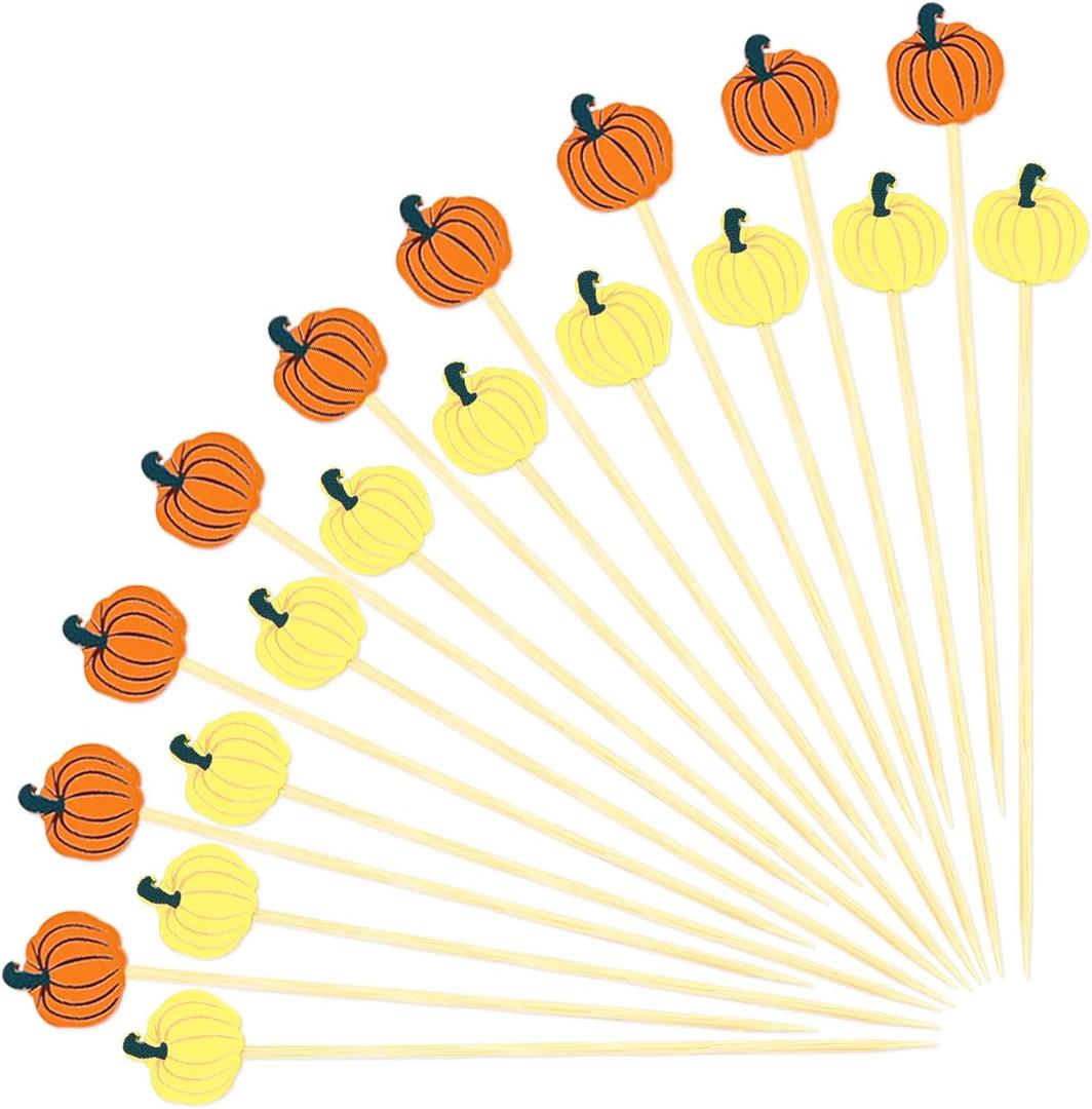2 x 100Pcs Fall Pumpkins Cocktail Picks 4.7 Inch, Pumpkins Fancy Toothpicks Bamboo Appetizer Toothpicks Fruit Skewers for Food Sandwich Drinks Autumn Theme Thanksgiving Day Party Decorations