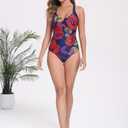 Itzel Women's V Neck One Piece Swimsuit Modest Navy Red Floral 8 (Blue)
